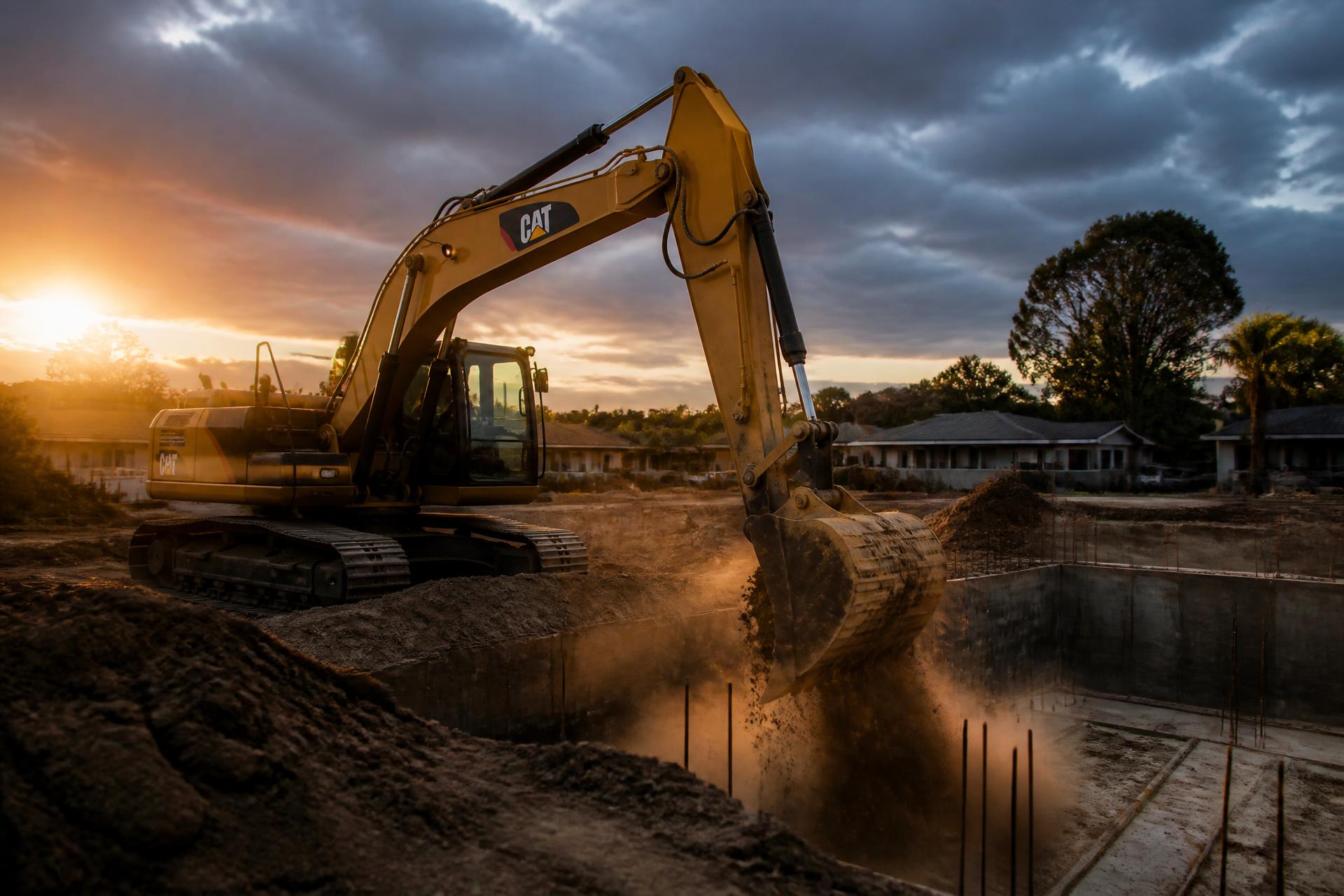 Excavator digging a house foundation at golden hour