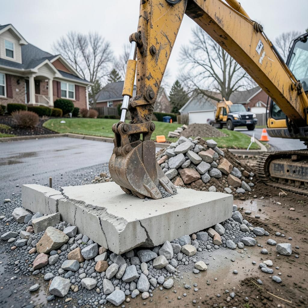 Excavator bucket removing a broken concrete slab from a driveway
