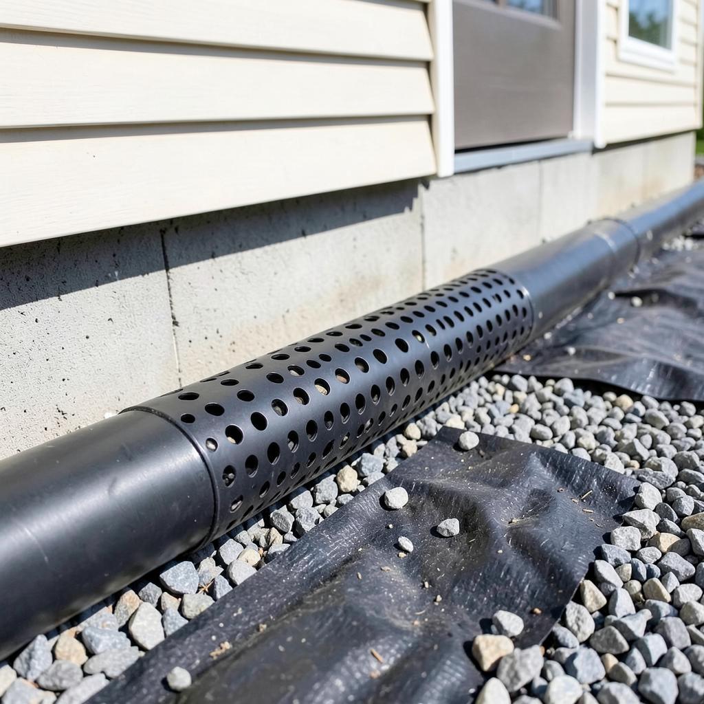 New drainage pipe laid beside a house foundation in clean gravel