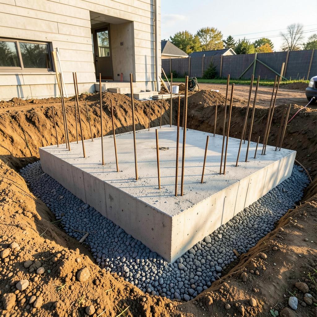 Poured concrete footing with rebar inside an excavated trench