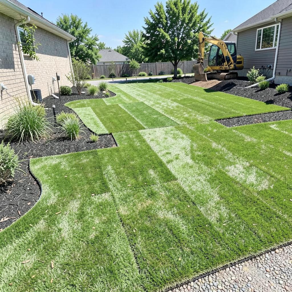 Freshly graded residential yard with new sod laid in strips