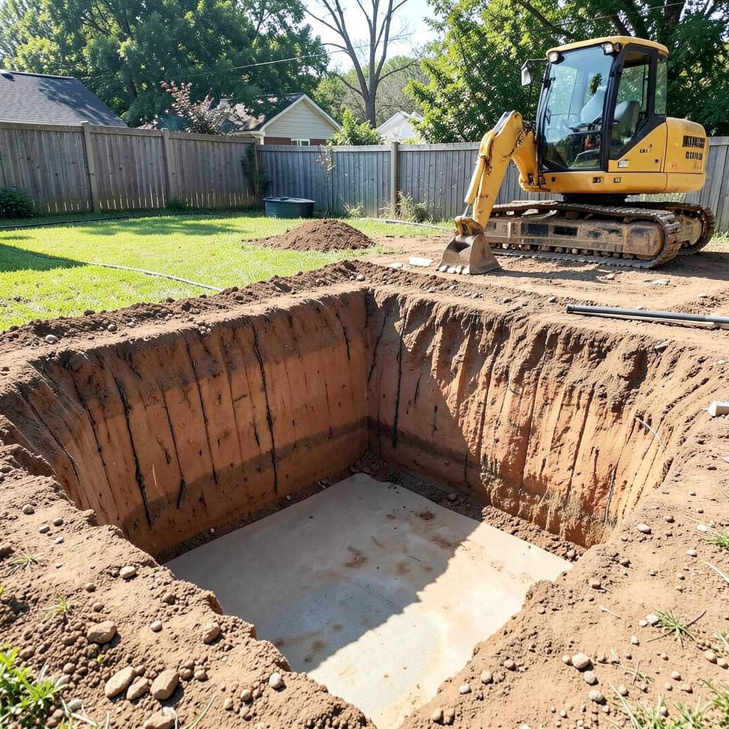 Excavated backyard swimming pool hole with clean straight walls