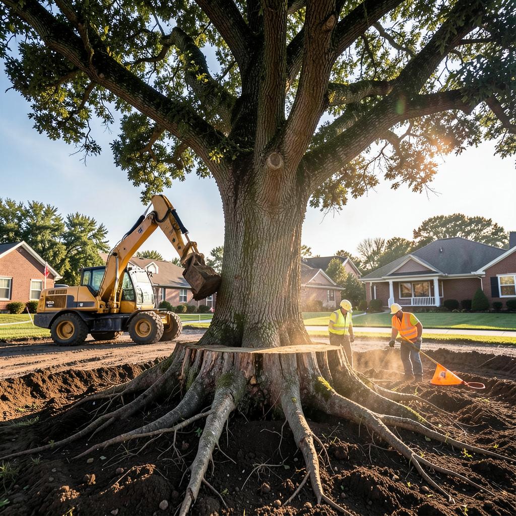 Large mature tree and root ball being removed by heavy machinery